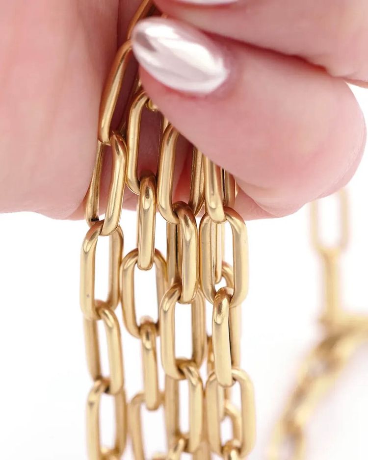 Sautoir francese lungo con chiusura a barile in oro 18 carati, collana lunga con maglie rettangolari
