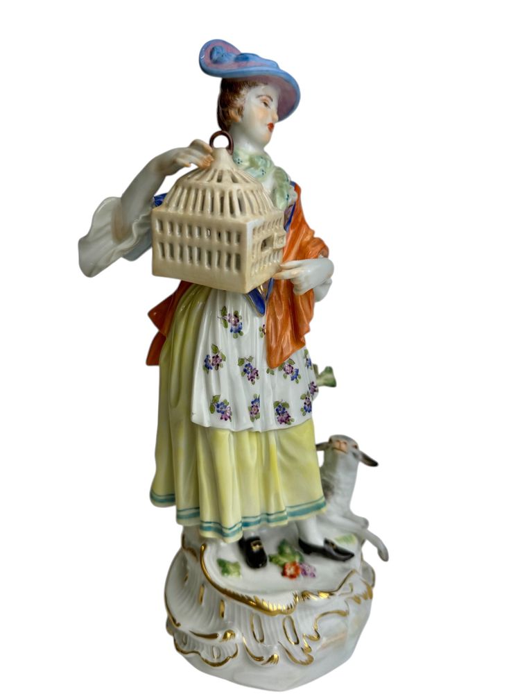 Meissen - Figure En Porcelaine Bergère avec cage à oiseaux
