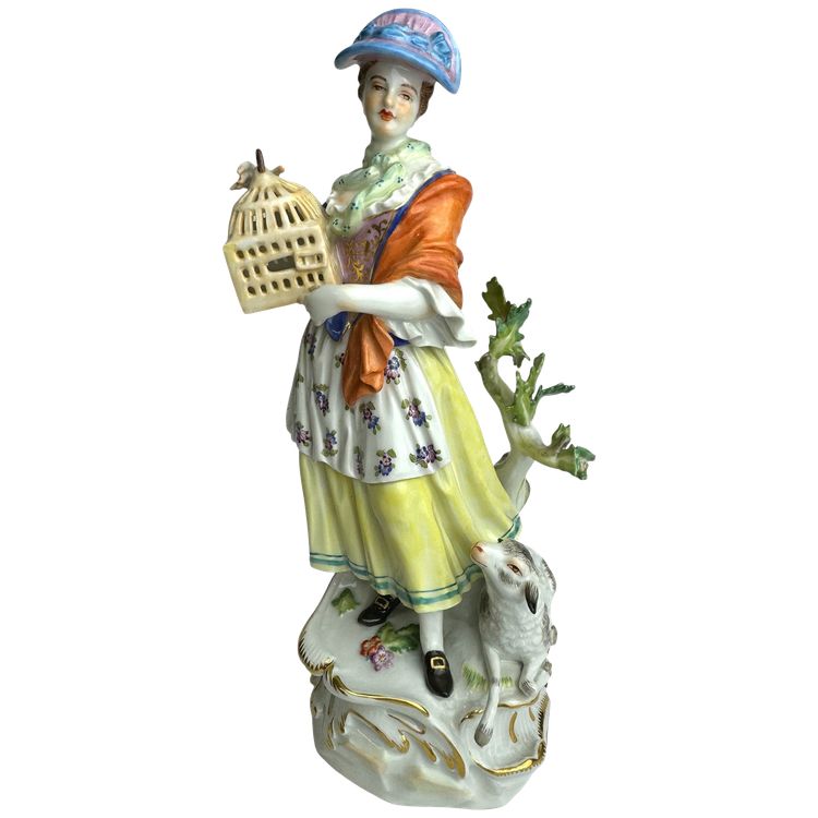 Meissen - Figure En Porcelaine Bergère avec cage à oiseaux