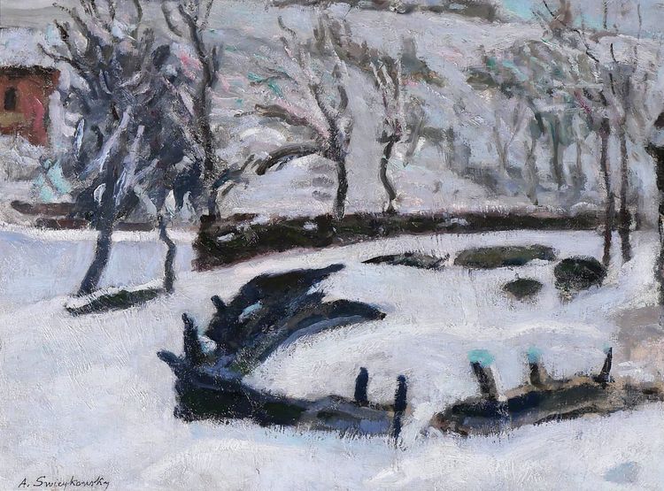 Alfred SWIEYKOWSKY 1869-1953 Paysage de neige dans les Alpes, tableau, Savoie, montagne, vers 1920
