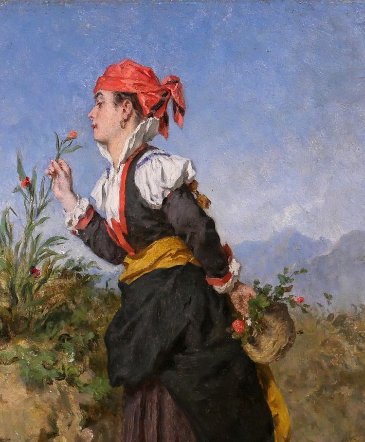 Alexandre Marie Guillemin 1817-1880 Pyrenäen, Frau atmet eine Blume in den Bergen, Gemälde