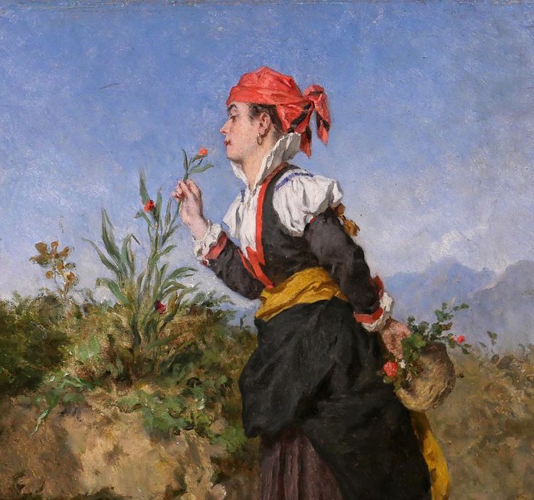 Alexandre Marie Guillemin 1817-1880 Pyrenäen, Frau atmet eine Blume in den Bergen, Gemälde