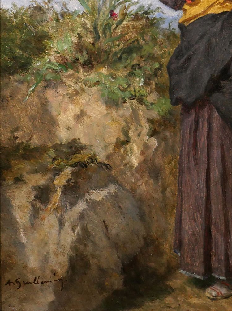 Alexandre Marie Guillemin 1817-1880 Pyrenäen, Frau atmet eine Blume in den Bergen, Gemälde