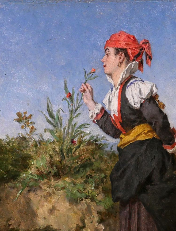 Alexandre Marie Guillemin 1817-1880 Pyrenäen, Frau atmet eine Blume in den Bergen, Gemälde