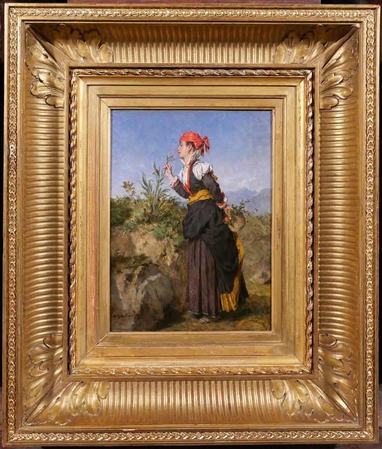 Alexandre Marie Guillemin 1817-1880 Pyrenäen, Frau atmet eine Blume in den Bergen, Gemälde