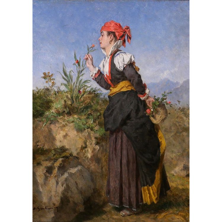 Alexandre Marie Guillemin 1817-1880 Pyrenäen, Frau atmet eine Blume in den Bergen, Gemälde