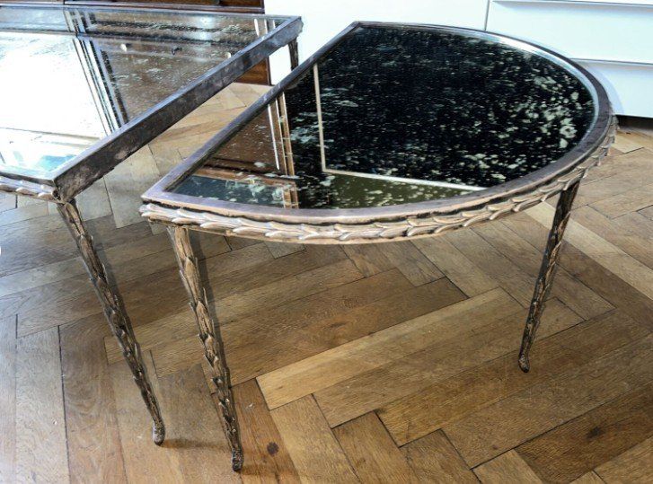 Tavolino tripartito in bronzo Maison CHARLES con vassoi e specchio