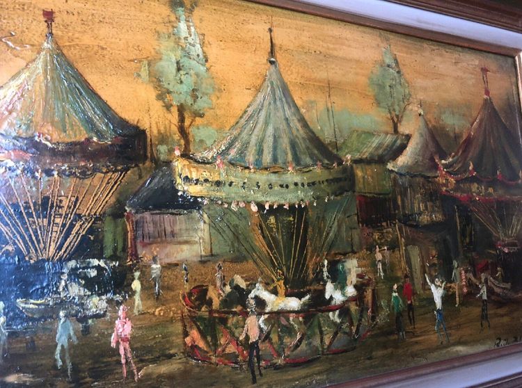 BIZET Jean (1922-2015) La Fête Foraine - Oil on panel Signed Bottom Right