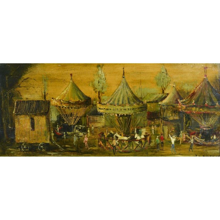 BIZET Jean (1922-2015) La Fête Foraine - Oil on panel Signed Bottom Right