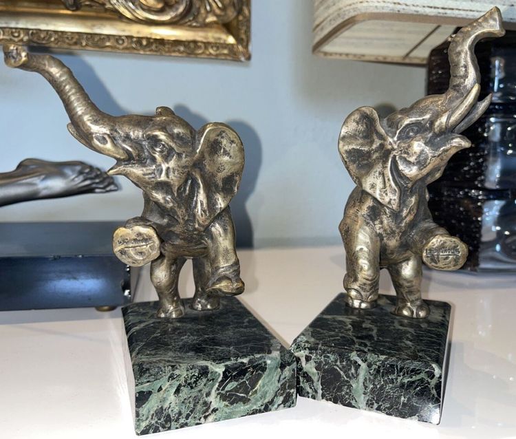 Louis FONTINELLE ( 1886-1964 ) Paire De Serre Livres Aux éléphants En Bronze Sur Marbre  Signés