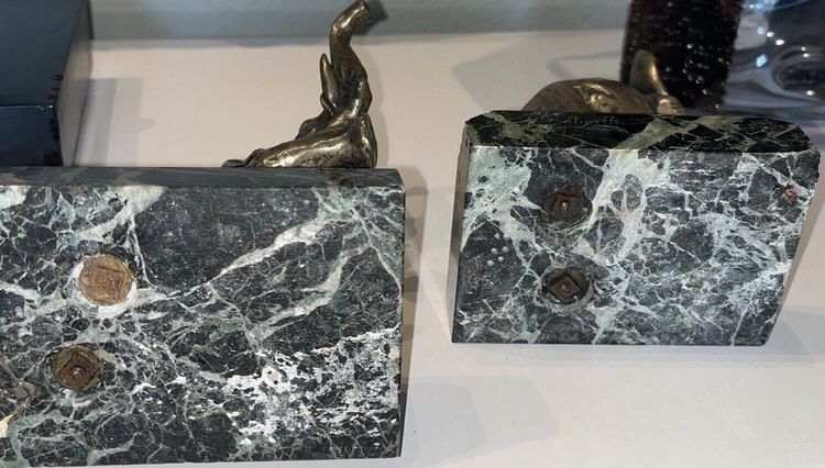 Louis FONTINELLE ( 1886-1964 ) Paire De Serre Livres Aux éléphants En Bronze Sur Marbre  Signés