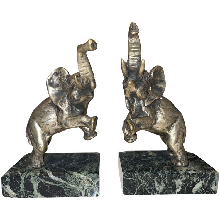 Louis FONTINELLE ( 1886-1964 ) Paire De Serre Livres Aux éléphants En Bronze Sur Marbre  Signés