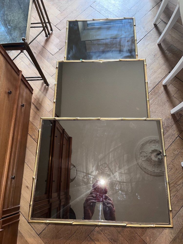 Maison BAGUES   Tables Gigogne En laiton Doré à Décor De Bambous et de cordes, plateaux Miroir