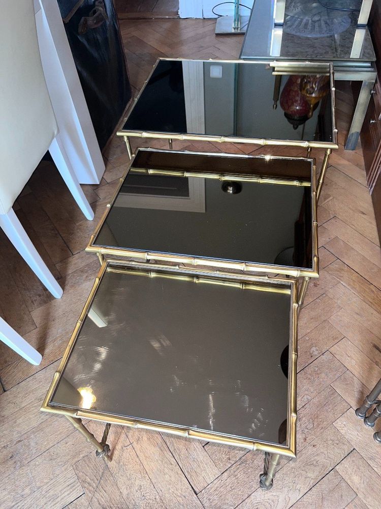 Maison BAGUES   Tables Gigogne En laiton Doré à Décor De Bambous et de cordes, plateaux Miroir