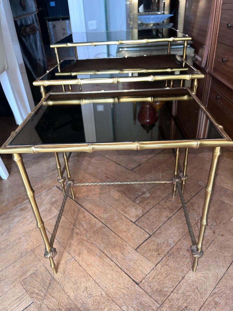 Maison BAGUES   Tables Gigogne En laiton Doré à Décor De Bambous et de cordes, plateaux Miroir