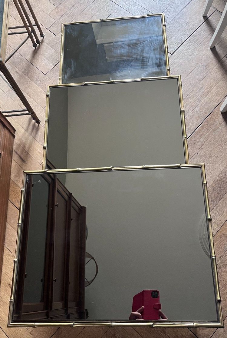 Maison BAGUES   Tables Gigogne En laiton Doré à Décor De Bambous et de cordes, plateaux Miroir