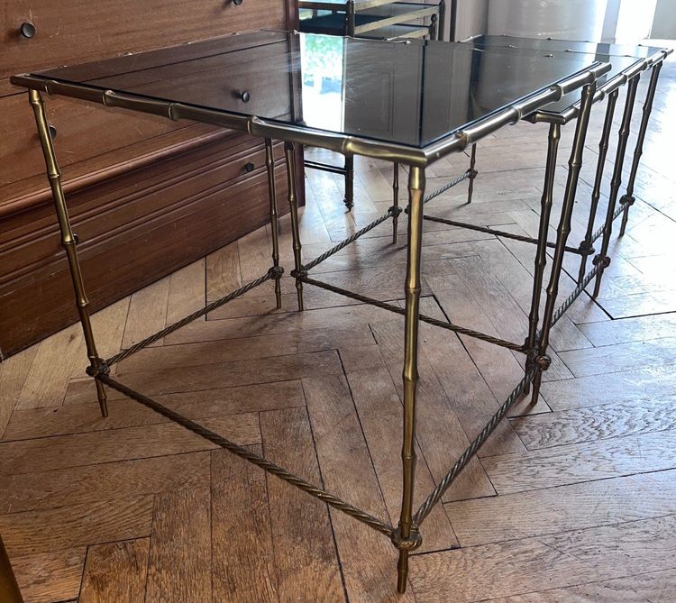 Maison BAGUES   Tables Gigogne En laiton Doré à Décor De Bambous et de cordes, plateaux Miroir