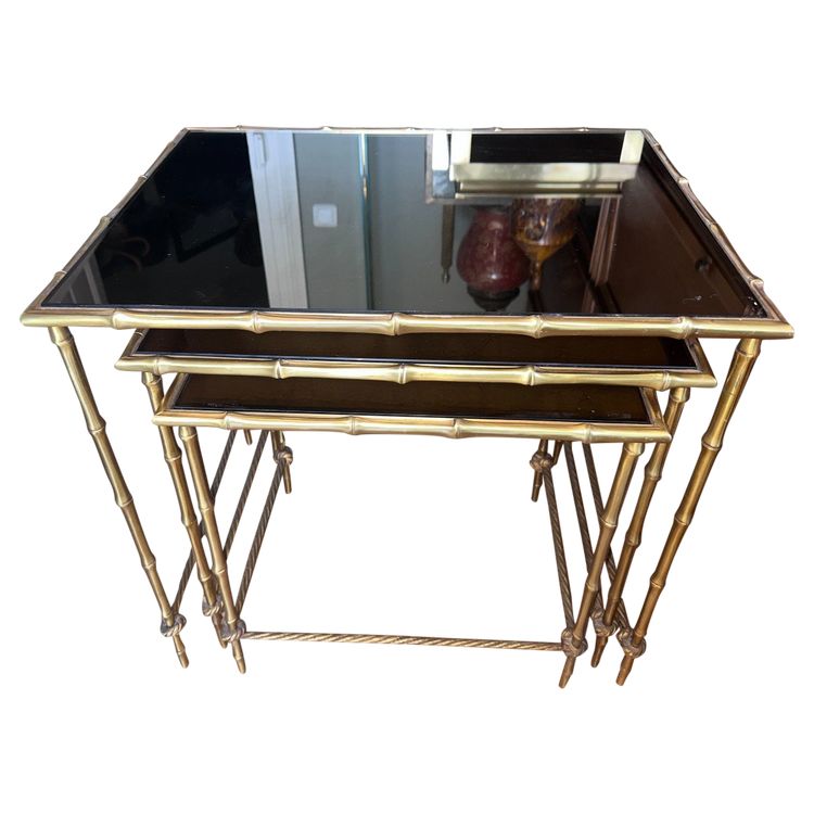 Maison BAGUES   Tables Gigogne En laiton Doré à Décor De Bambous et de cordes, plateaux Miroir