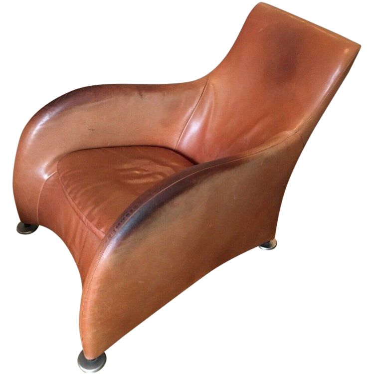 VAN DEN BERG & MONTIS Fauteuil Loge, Lounge Chair Vintage En Cuir Patiné