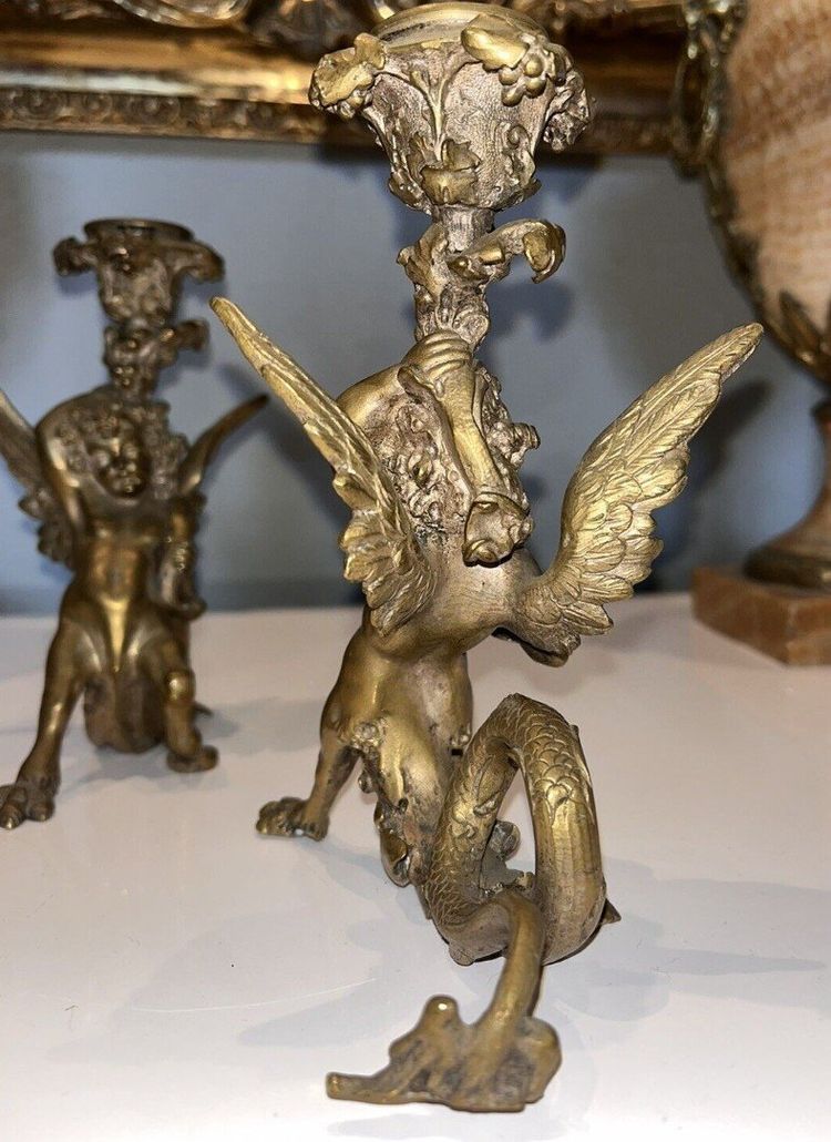 PANDIANI Antonio (1838-1928) Rare Pair Of Gilded Bronze Candlesticks Signed