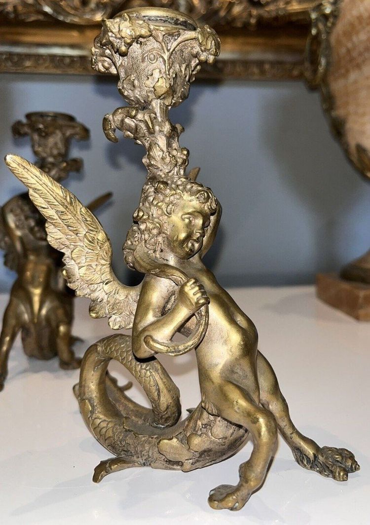 PANDIANI Antonio (1838-1928) Rare Pair Of Gilded Bronze Candlesticks Signed