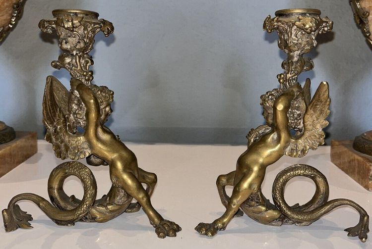 PANDIANI Antonio (1838-1928) Rare Pair Of Gilded Bronze Candlesticks Signed