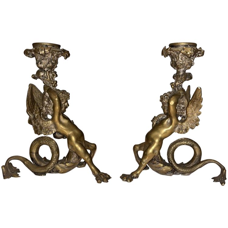 PANDIANI Antonio (1838-1928) Rare Pair Of Gilded Bronze Candlesticks Signed