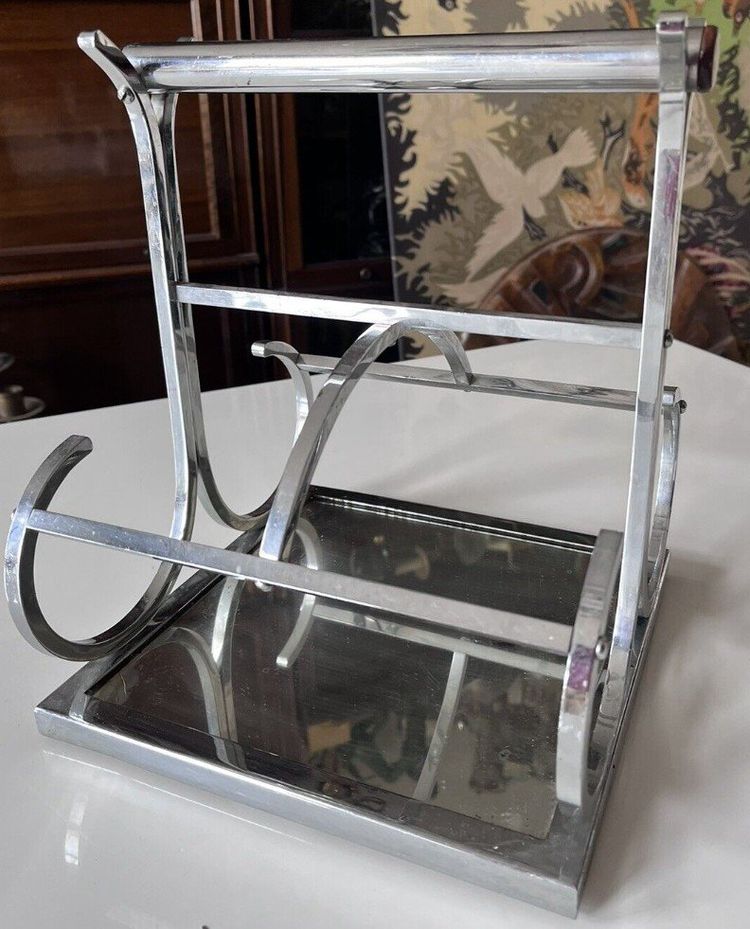 ADNET Jacques ( 1900-1984) Modernist Chromed Metal, Mirror and Rosewood Wine Rack