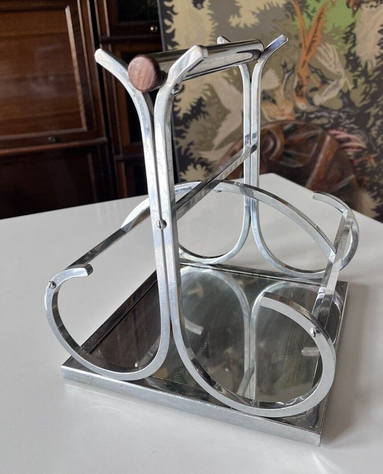 ADNET Jacques ( 1900-1984) Modernist Chromed Metal, Mirror and Rosewood Wine Rack