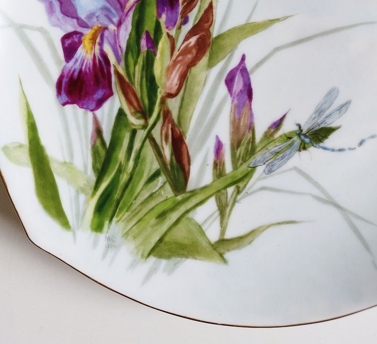 Assiette En Porcelaine Peinte à La Main Iris Libellules Signé Daté 1904 Art Nouveau