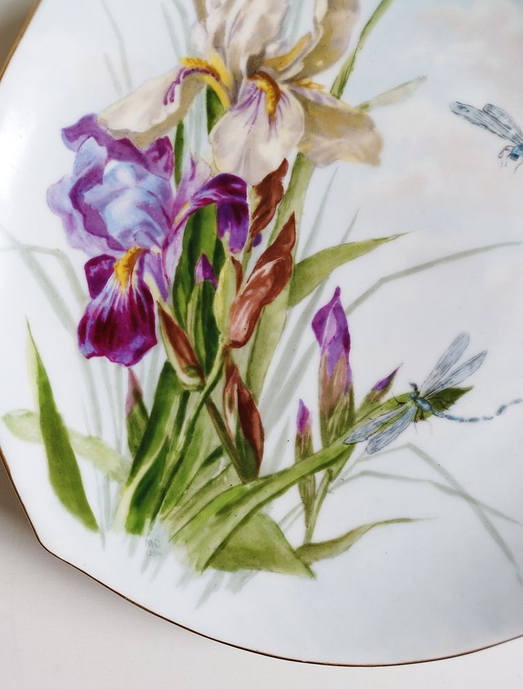 Assiette En Porcelaine Peinte à La Main Iris Libellules Signé Daté 1904 Art Nouveau