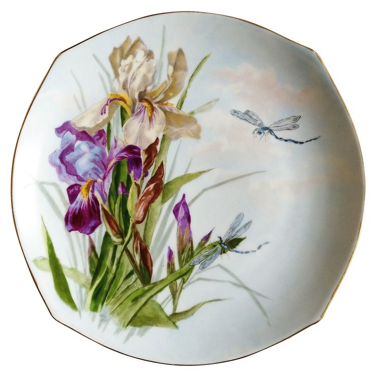 Assiette En Porcelaine Peinte à La Main Iris Libellules Signé Daté 1904 Art Nouveau