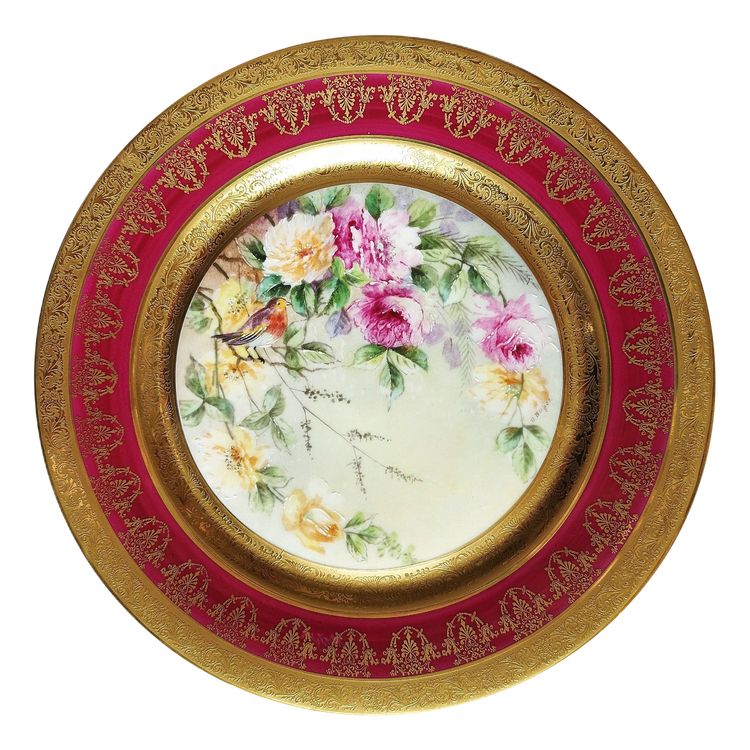 Deko-Teller oder Platte aus Limoges-Porzellan, bemalt mit Vogel-Dekor Rotkehlchen und Rosen