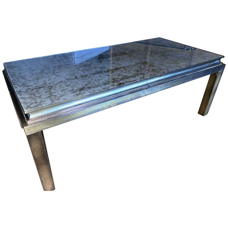 Maison JANSEN   Table Basse Rectangulaire En Laiton Doré Et Miroir églomisé