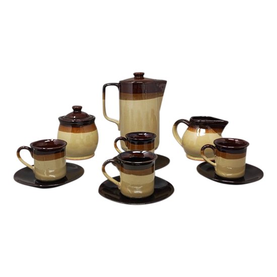 1970 Gorgeous Brown Ceramic Coffee Set Faenza. Handmade in Italy