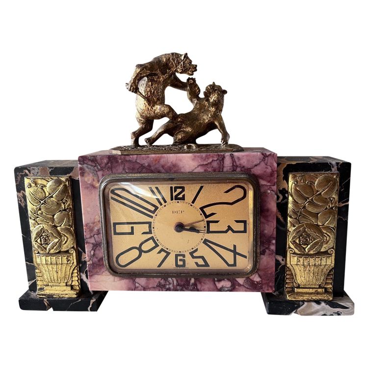 FRATIN (1801-1864) & DEP Art Deco Bronze And Marble Clock Combat d'Ours à La Dague