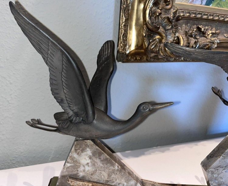 ROCHARD Irenée (1906-1984)  Important Groupe Art Déco En Régule Avec 3 Cigognes  Signé  L95cm