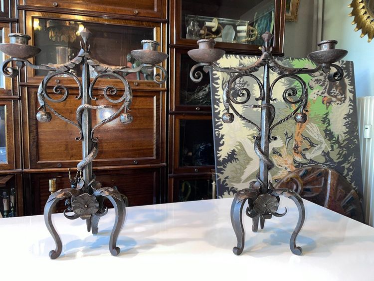 Michel ZADOUNAISKY (1903-83) Candelieri a serpente in ferro battuto Art Déco Firmati