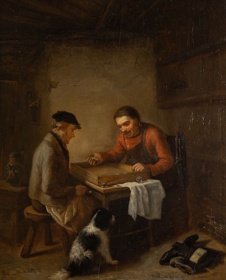 Zacharie Noterman (1820-1890) Les Joueurs de Dés et le Chien huile sur bois vers 1842