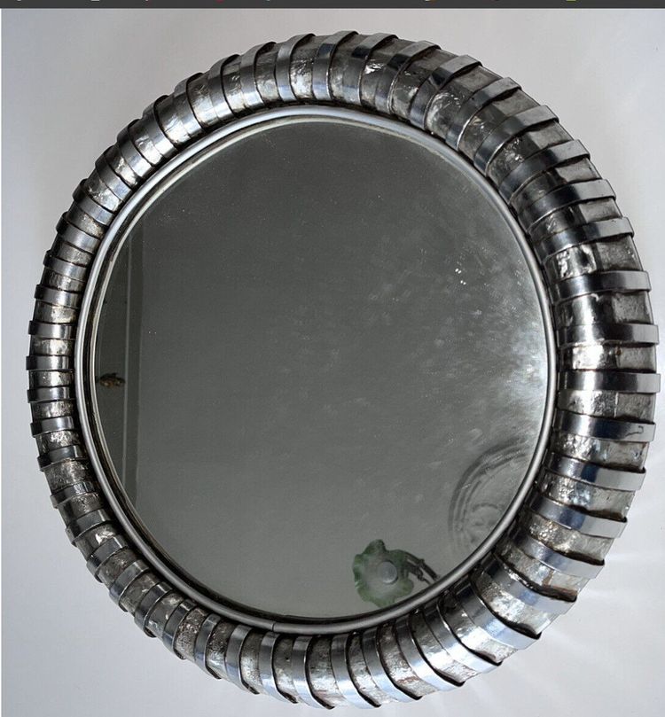 FITTERMAN Paris.   Round Silvered Metal Mirror Circa 1970 Diameter 45cm Signed