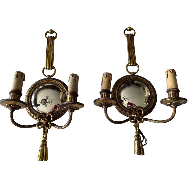 PETITOT Henri  (1914-1938)  Paire D’applique Miroirs Sorcière En Bronze Doré.  Signées