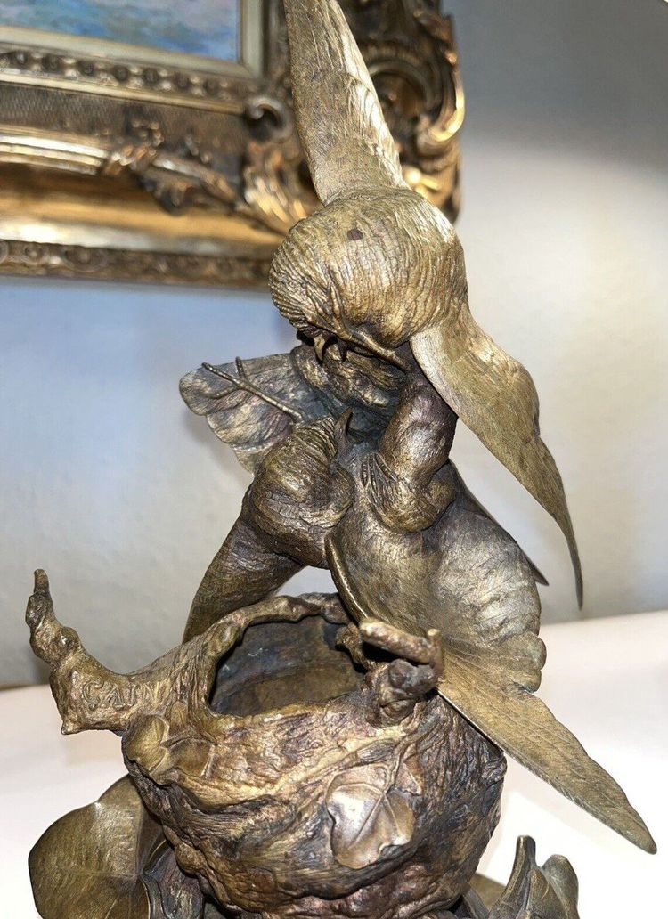 CAIN Auguste (1821-1894) Groupe En Bronze Doré " Combat d'Oiseaux" Signé