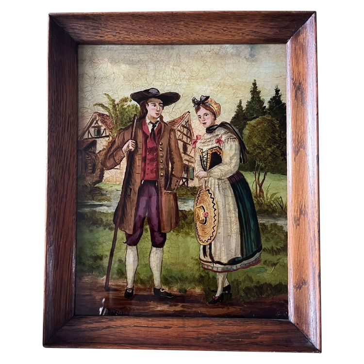 Fixé Sous Verre Encadré Figurant Un Couple Dans Un Village.  Art Naif Alsacien
