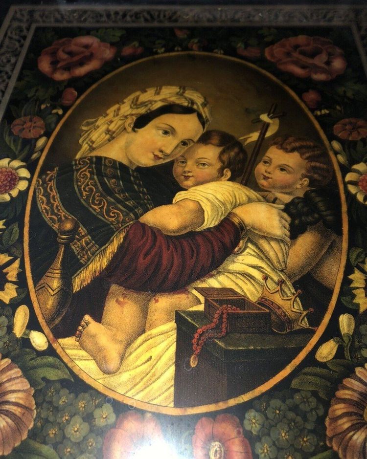 Großes Religiöses Unterglasbild "Jungfrau Maria" Goldener Stuckrahmen 58x48 Cm