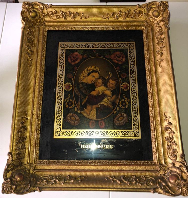 Großes Religiöses Unterglasbild "Jungfrau Maria" Goldener Stuckrahmen 58x48 Cm