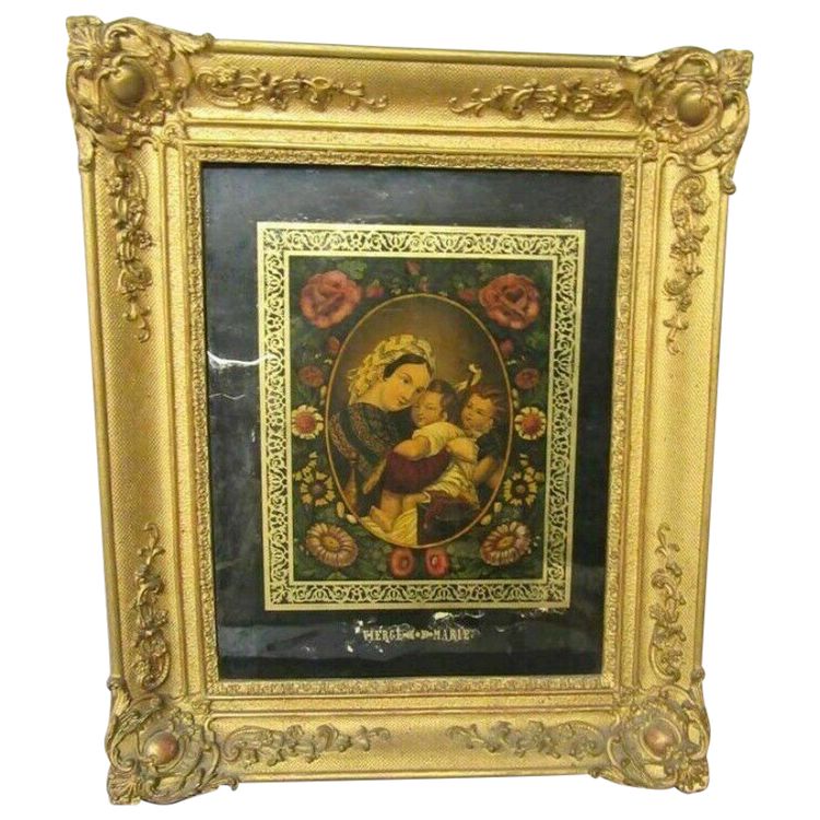 Großes Religiöses Unterglasbild "Jungfrau Maria" Goldener Stuckrahmen 58x48 Cm
