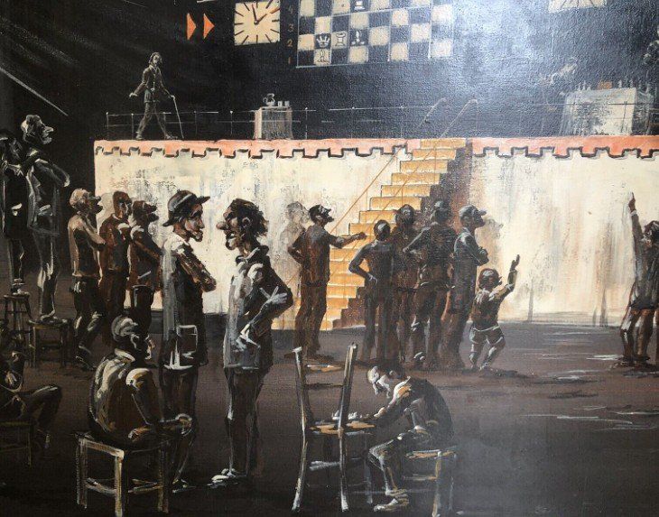 PARTOS Roland (b. 1929) Large oil on canvas "chess tournament" Signed Dim. 122x92 Cm