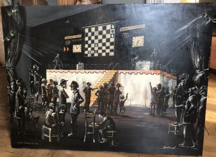 PARTOS Roland (b. 1929) Large oil on canvas "chess tournament" Signed Dim. 122x92 Cm