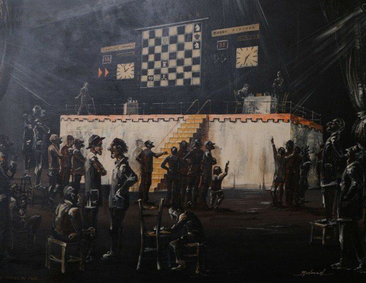 PARTOS Roland (b. 1929) Large oil on canvas "chess tournament" Signed Dim. 122x92 Cm
