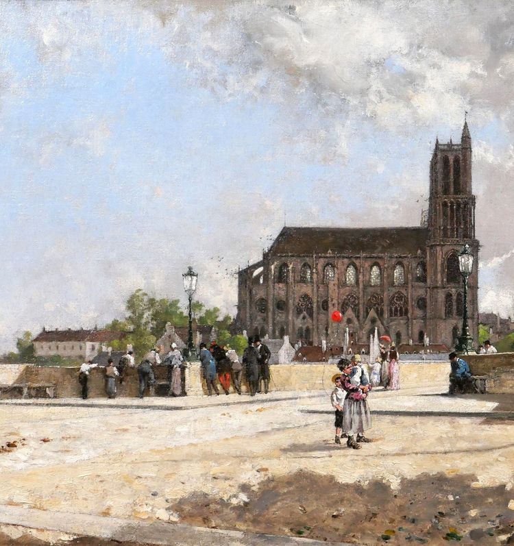 Alfred CHATAUD 1833-1908 Le Ballon rouge, Mantes-la-Jolie, tableau, Salon 1890, paysage